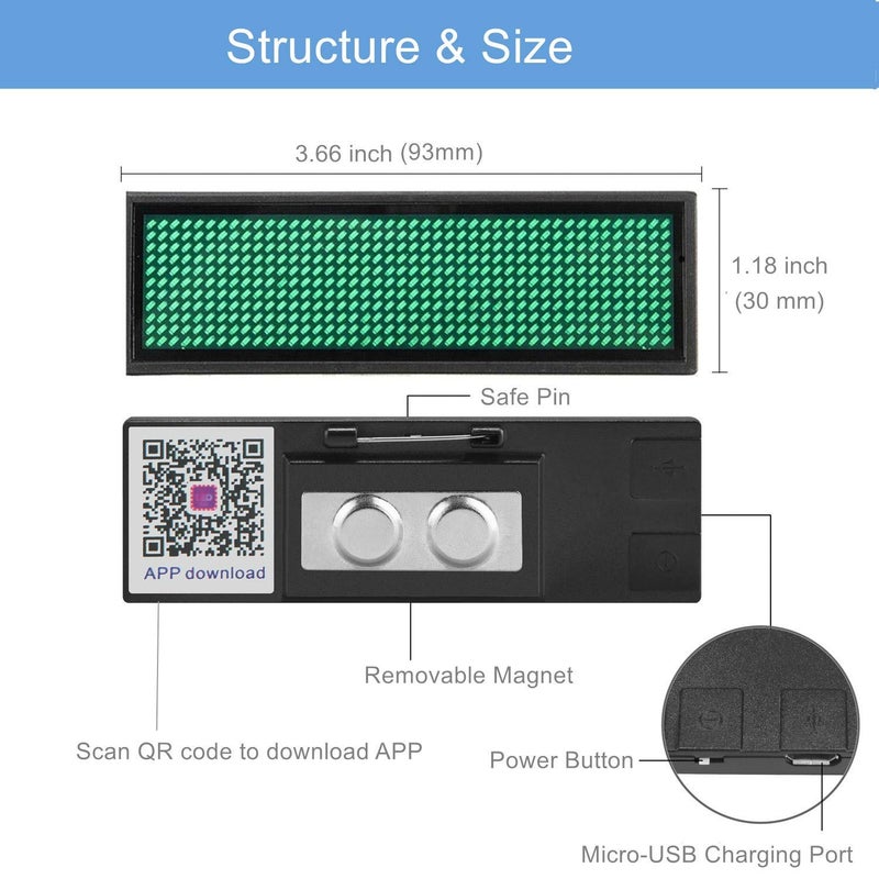OUHL LED Name Badge, OUHL Upgraded LED Name Tags Rechargeable Cellphone Programmable Business Badges Mini LED Display for Shop Hotel Exhibition(Green) - Image 5